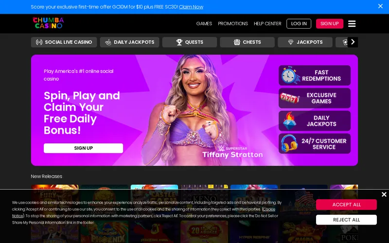 Screenshot of the Chumba Casino homepage at www.chumbacasino.com, captured October 2026