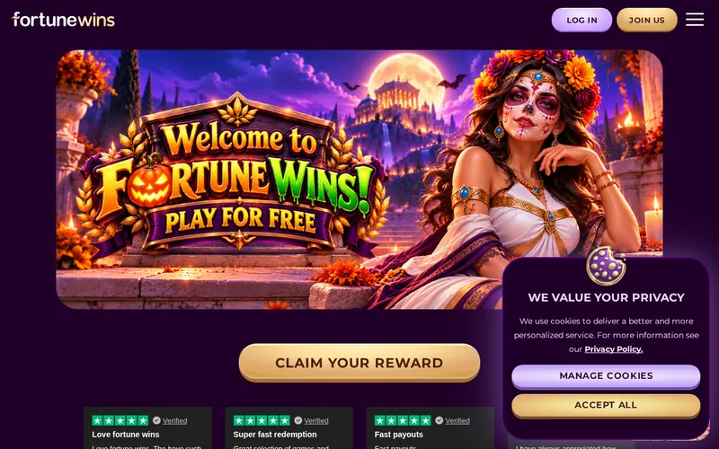Screenshot of the Fortune Wins homepage at fortunewins.com, captured October 2026