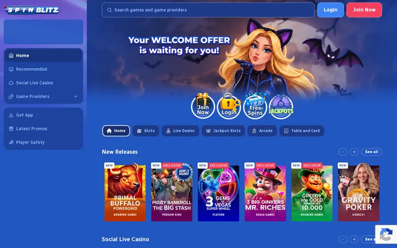 Screenshot of the SpinBlitz homepage at www.spinblitz.com, captured October 2026