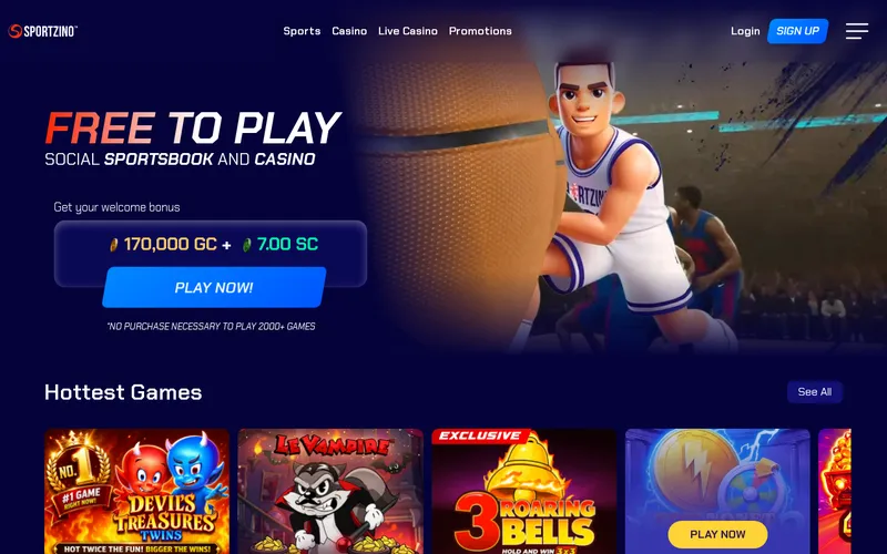 Screenshot of the Sportzino homepage at sportzino.com, captured October 2026